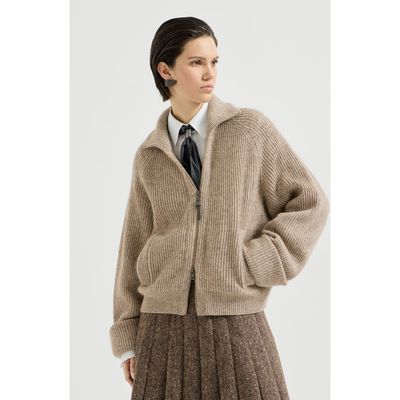 Brunello Cucinelli Brunello Cucinelli Sparkling cashmere, mohair and wool ribbed cardigan with shiny zipper pull