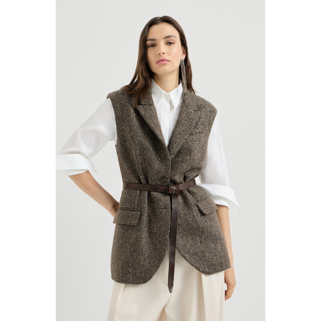 Brunello Cucinelli Brunello Cucinelli Sparkling virgin wool chevron vest with leather belt and monili