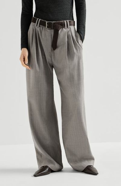 Brunello Cucinelli Brunello Cucinelli Sparkling virgin wool pinstripe track trousers with monili