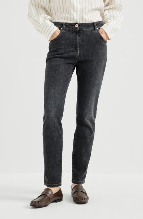 Brunello Cucinelli Brunello Cucinelli Stretch denim slim five-pocket trousers with shiny leather tab