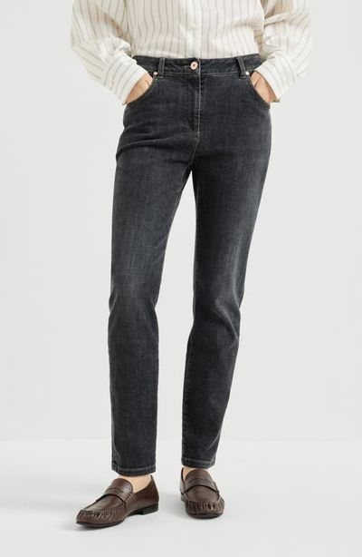 Brunello Cucinelli Brunello Cucinelli Stretch denim slim five-pocket trousers with shiny leather tab