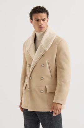 Brunello Cucinelli Brunello Cucinelli Suede curly shearling pea coat with shawl collar
