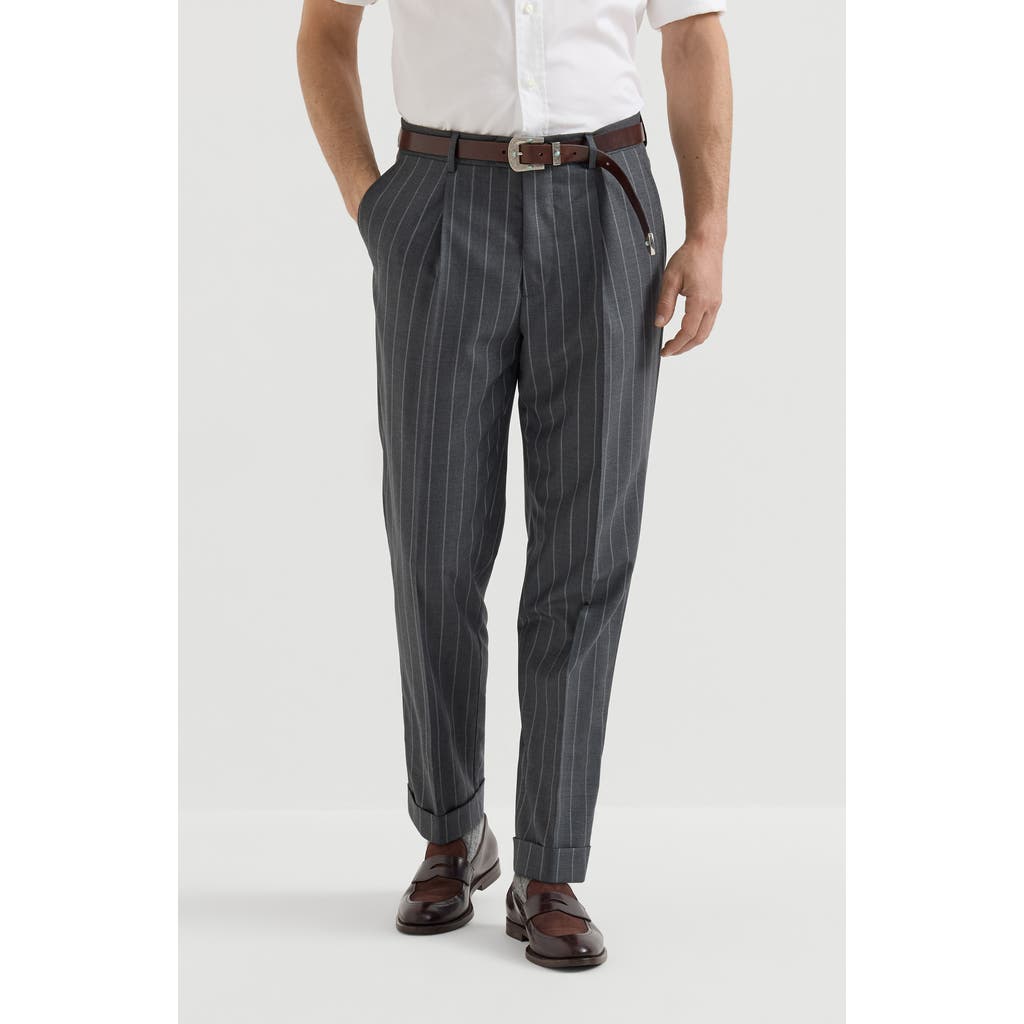 Brunello Cucinelli Brunello Cucinelli Super 150s virgin wool wide chalk stripe batavia trousers with pleat
