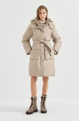 Brunello Cucinelli Brunello Cucinelli Techno cotton taffeta belted down coat with detachable shearling hood and shiny zipper pull