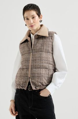 Brunello Cucinelli Brunello Cucinelli Twill and Prince of Wales reversible down vest with detchable leather collar and monili