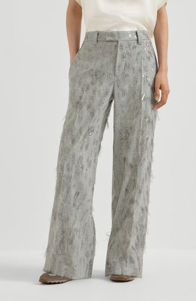 Brunello Cucinelli Brunello Cucinelli Virgin wool and cashmere twill flannel loose flared trousers with dazzling lynx embroidery