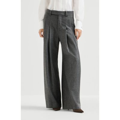 Brunello Cucinelli Brunello Cucinelli Virgin wool and cashmere twill flannel pleated barrel trousers with monili