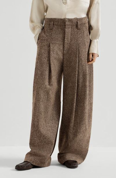 Brunello Cucinelli Brunello Cucinelli Virgin wool donegal pleated barrel trousers with monili