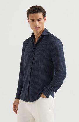 Brunello Cucinelli Brunello Cucinelli Virgin wool, silk and cotton chalk stripe piqué shirt with spead collar