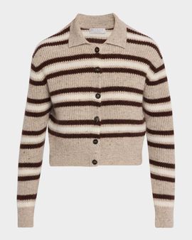 Brunello Cucinelli Cashmere-Blend Striped Collared Cardigan