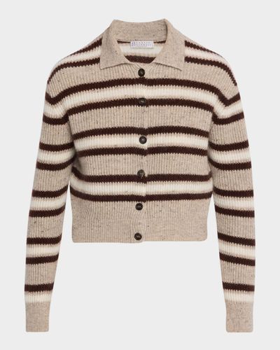 Brunello Cucinelli Cashmere-Blend Striped Collared Cardigan