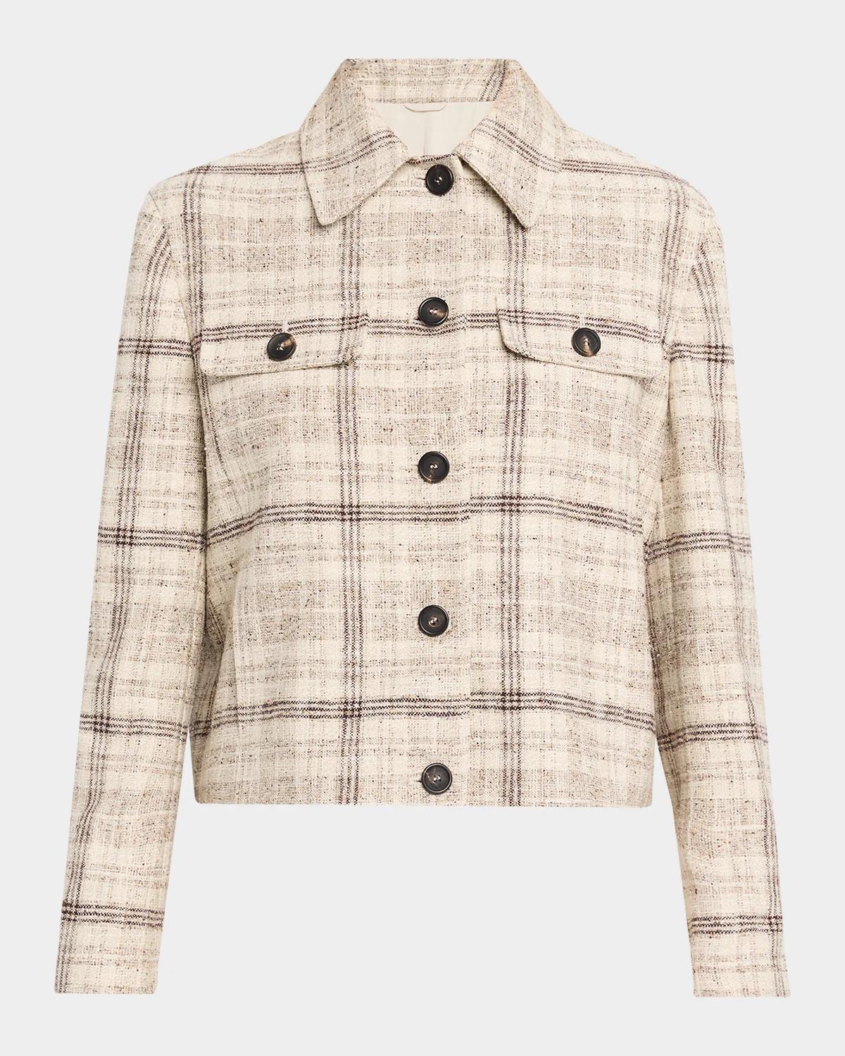 Brunello Cucinelli Check Linen Cotton Silk Tweed Single-Breasted Jacket