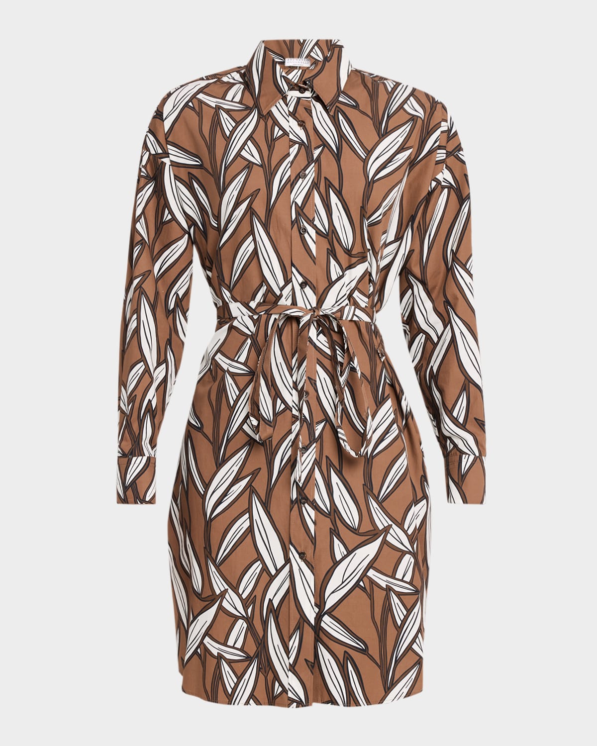 Brunello Cucinelli Collared Long-Sleeve Leaf-Print Cotton Dress