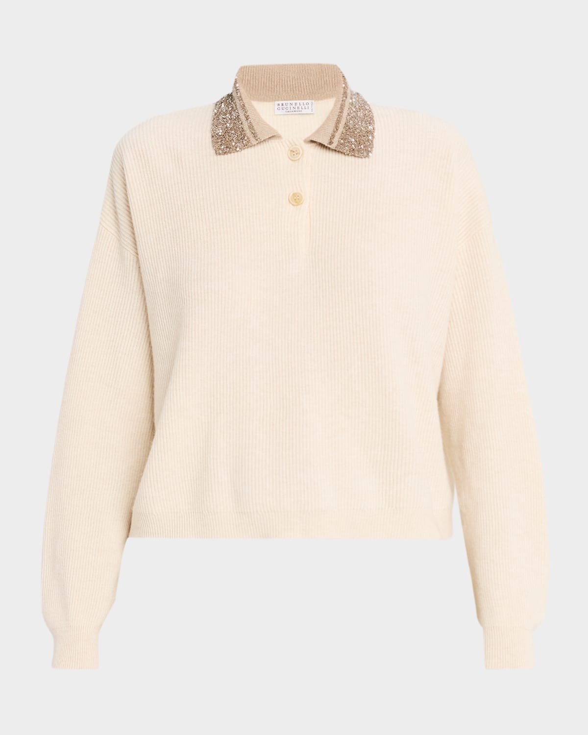Brunello Cucinelli Dazzling-Collar Cashmere Rib Polo Sweater