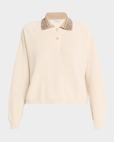 Brunello Cucinelli Dazzling-Collar Cashmere Rib Polo Sweater