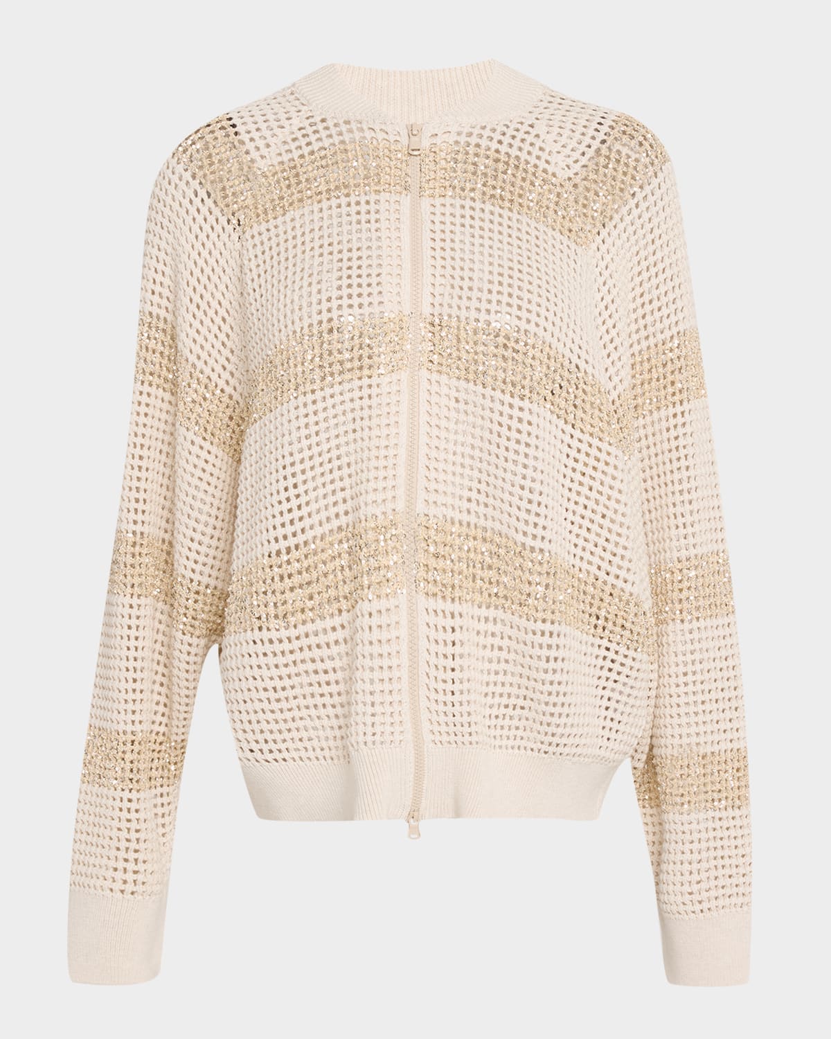 Brunello Cucinelli Dazzling Striped Cotton Net Bomber Cardigan