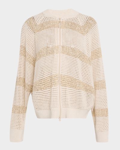 Brunello Cucinelli Dazzling Striped Cotton Net Bomber Cardigan