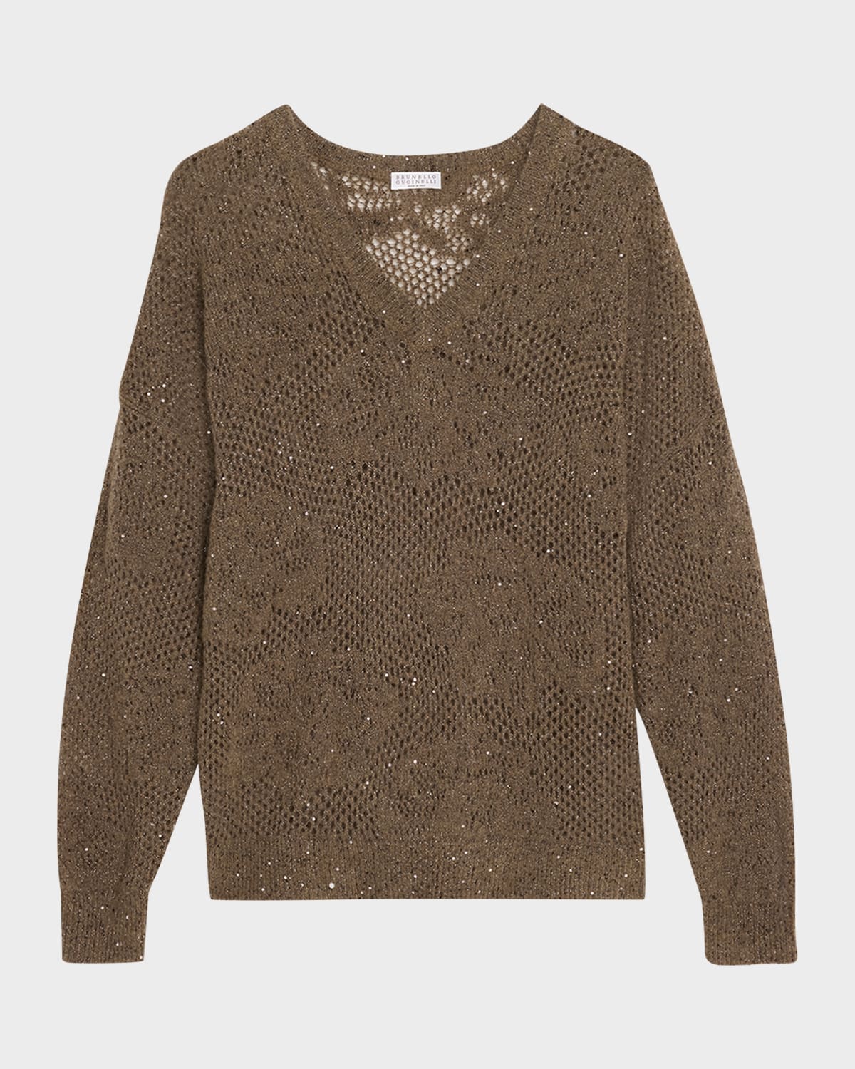 Brunello Cucinelli Diamante Paillette Mohair Open-Knit V-Neck Sweater