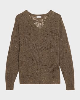 Brunello Cucinelli Diamante Paillette Mohair Open-Knit V-Neck Sweater