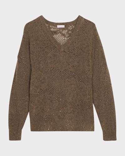 Brunello Cucinelli Diamante Paillette Mohair Open-Knit V-Neck Sweater