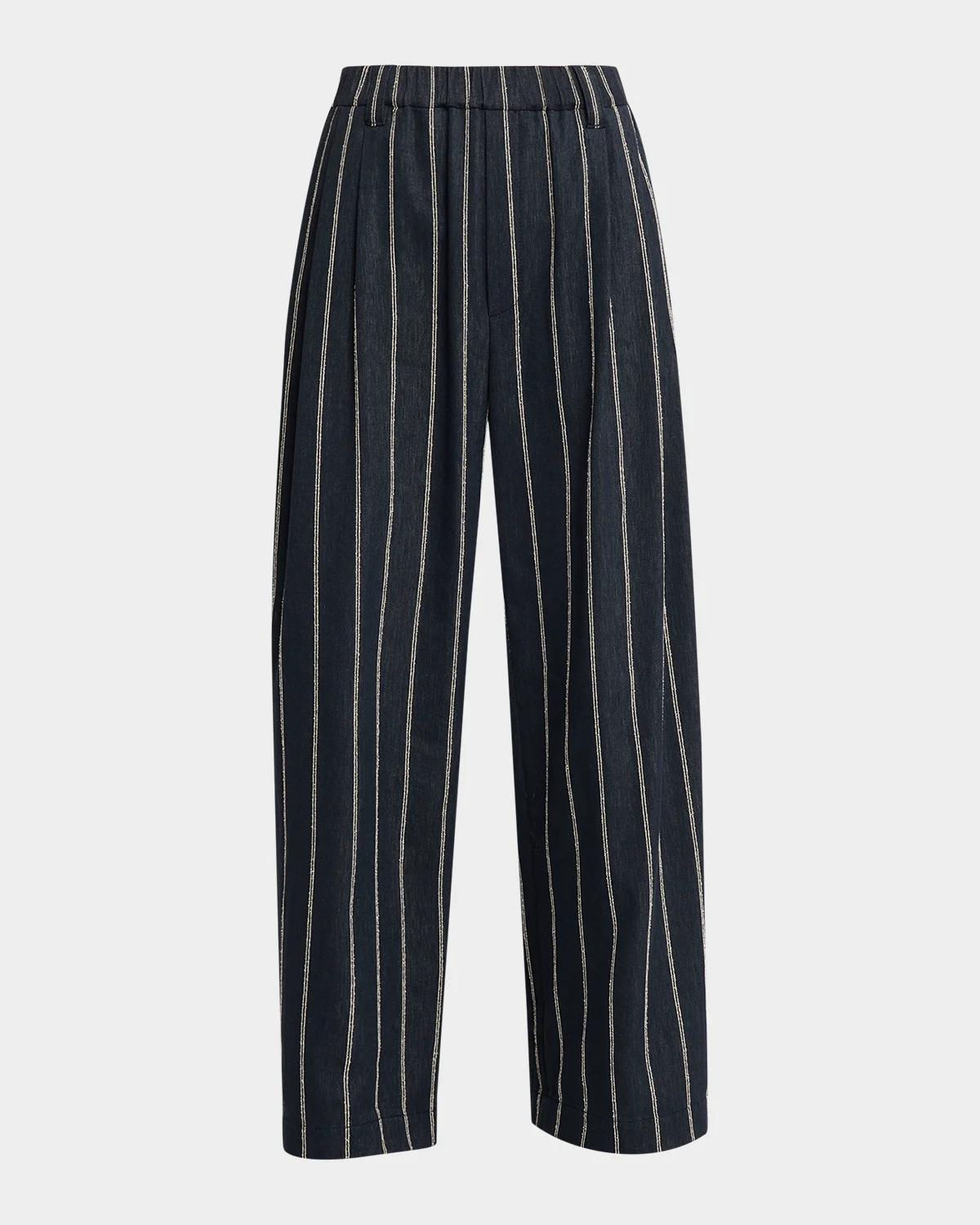 Brunello Cucinelli Double Pinstripe Cotton Wide-Leg Pull-On Pants