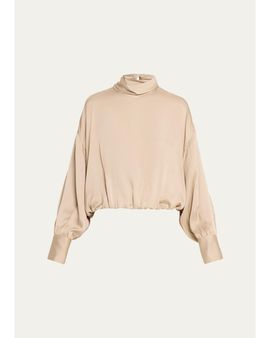 Brunello Cucinelli Fluid Silk Satin Long-Sleeve Bubble Blouse
