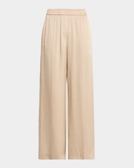Brunello Cucinelli Fluid Silk Satin Loose Wide-Leg Track Pants