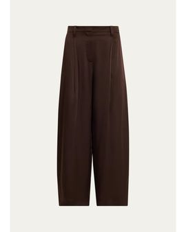 Brunello Cucinelli Fluid Silk Satin Pleated Soft Barrel-Leg Pants