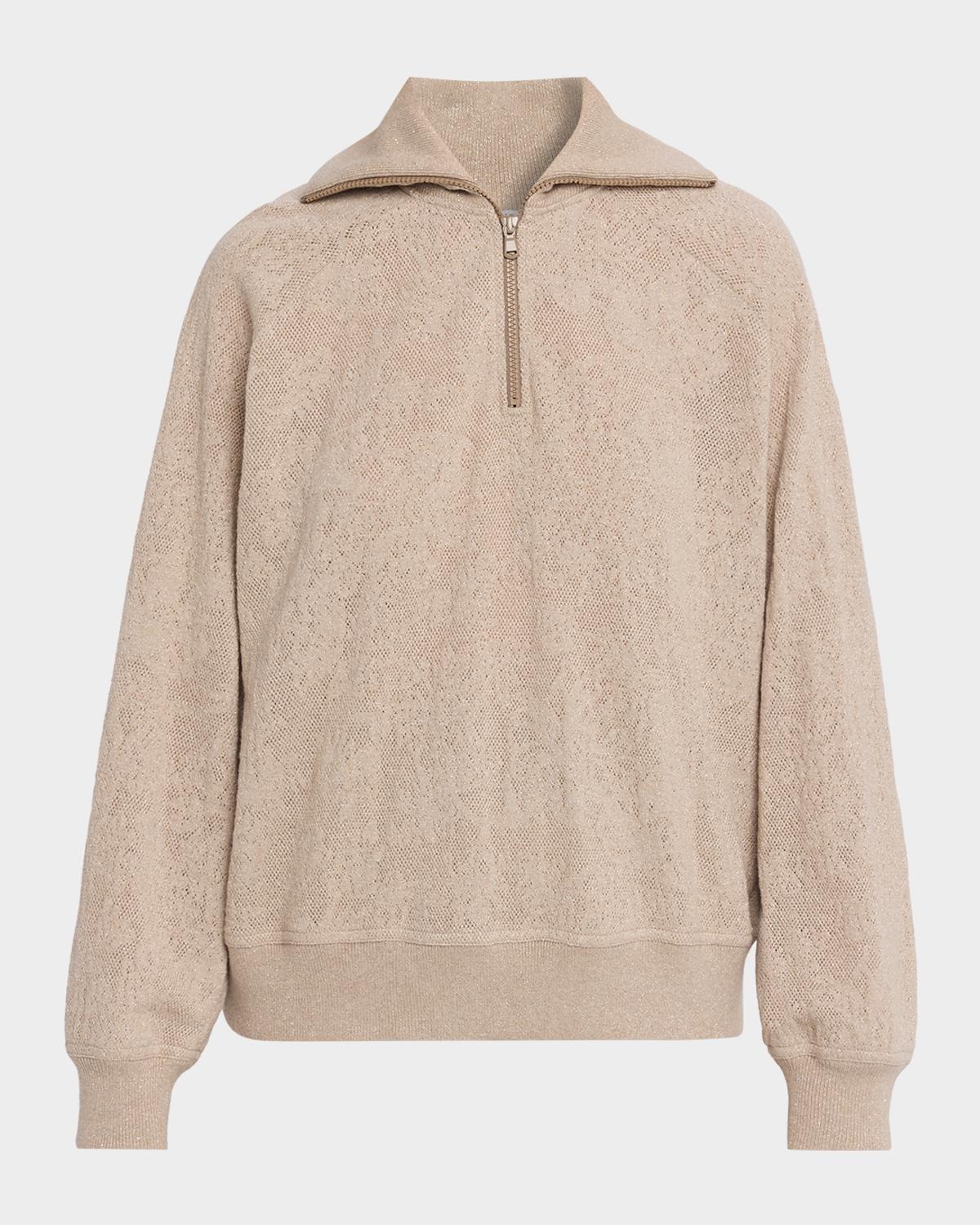 Brunello Cucinelli Jersey Lace Pointelle Knit Quarter-Zip Sweater