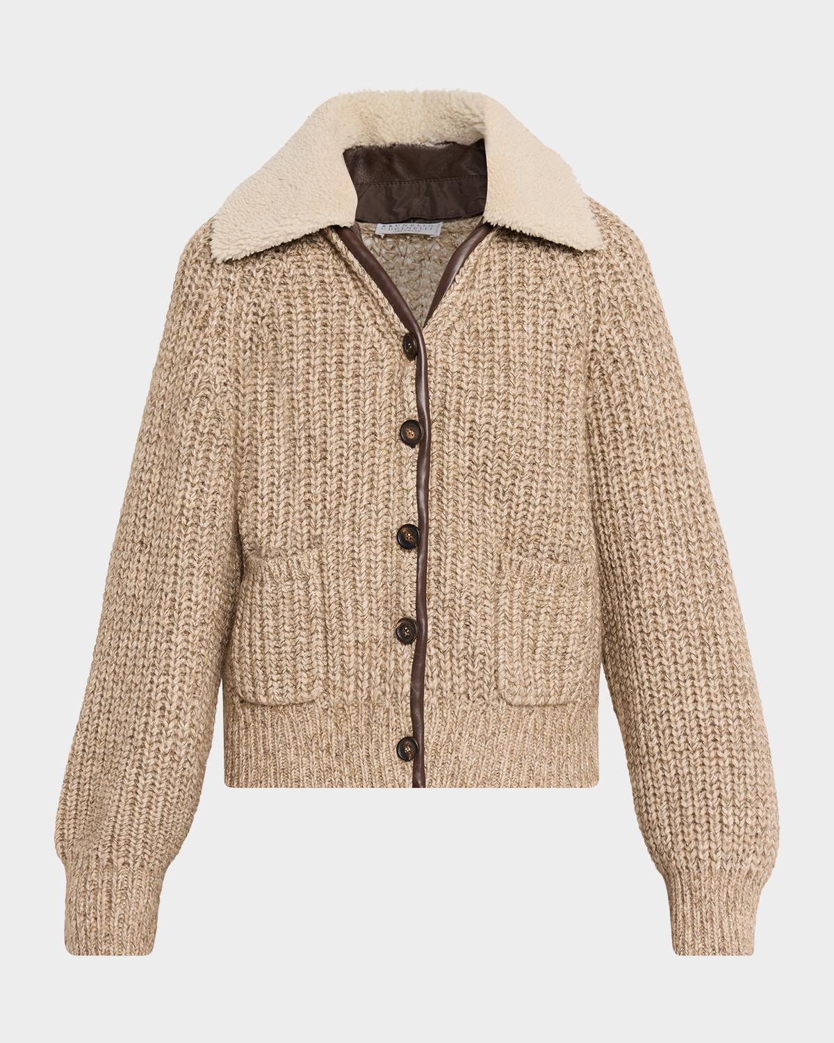 Brunello Cucinelli Lamb Shearling Collar Cashmere-Wool Cardigan
