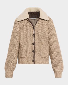 Brunello Cucinelli Lamb Shearling Collar Cashmere-Wool Cardigan