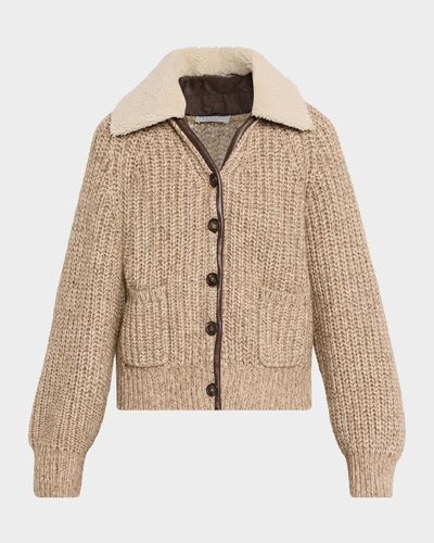 Brunello Cucinelli Lamb Shearling Collar Cashmere-Wool Cardigan