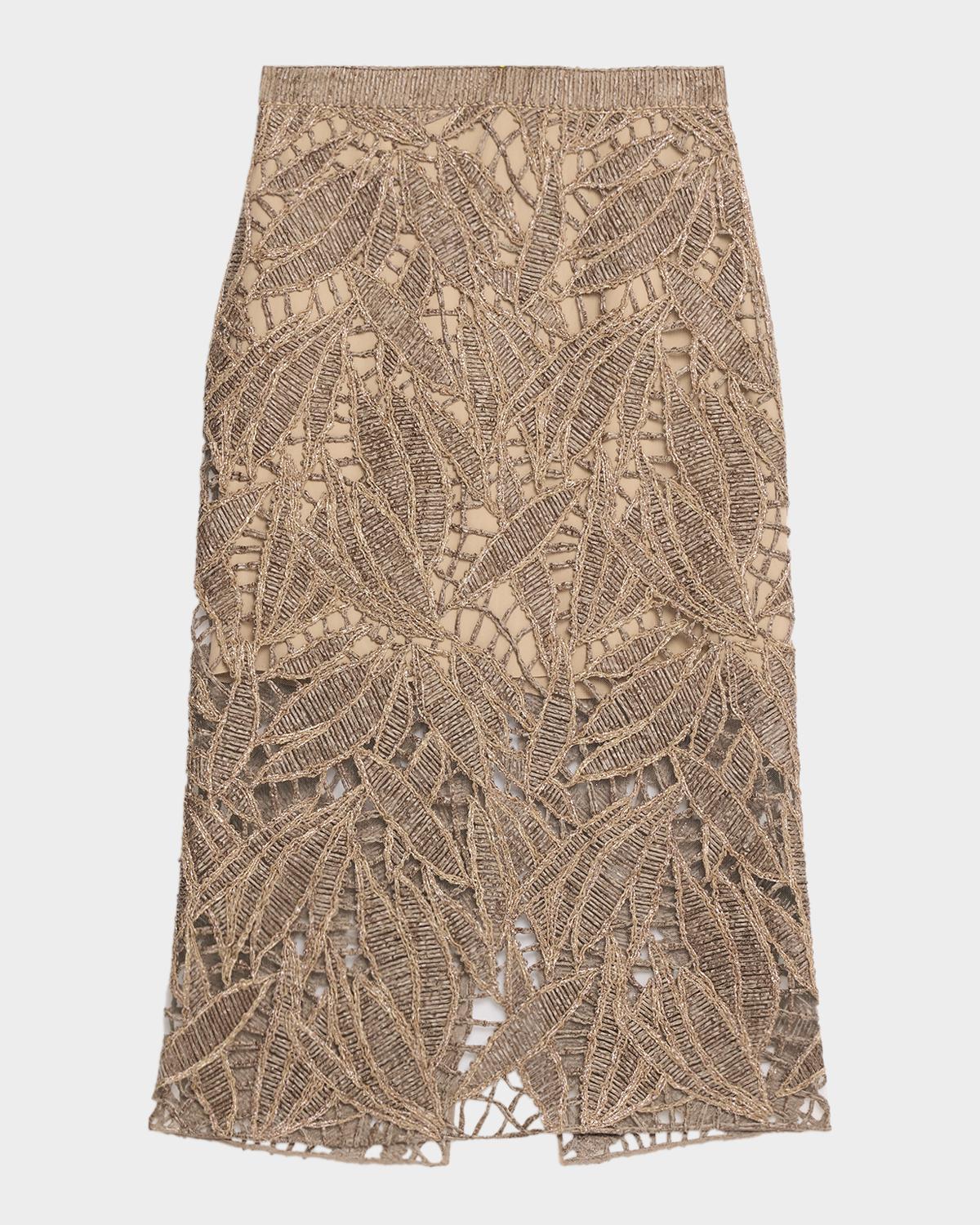 Brunello Cucinelli Leaf-Pattern Openwork Midi Skirt