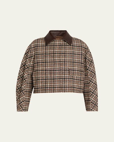 Brunello Cucinelli Leather-Collar Check Boxy Car Coat