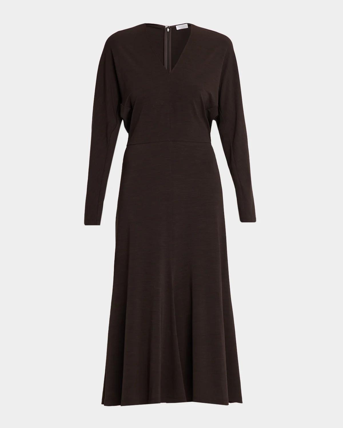 Brunello Cucinelli Long-Sleeve Couture Wool Jersey Fit-And-Flare Midi Dress