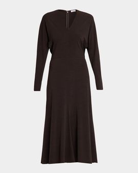Brunello Cucinelli Long-Sleeve Couture Wool Jersey Fit-And-Flare Midi Dress
