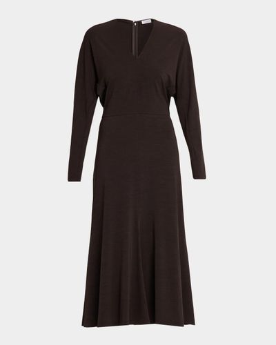 Brunello Cucinelli Long-Sleeve Couture Wool Jersey Fit-And-Flare Midi Dress