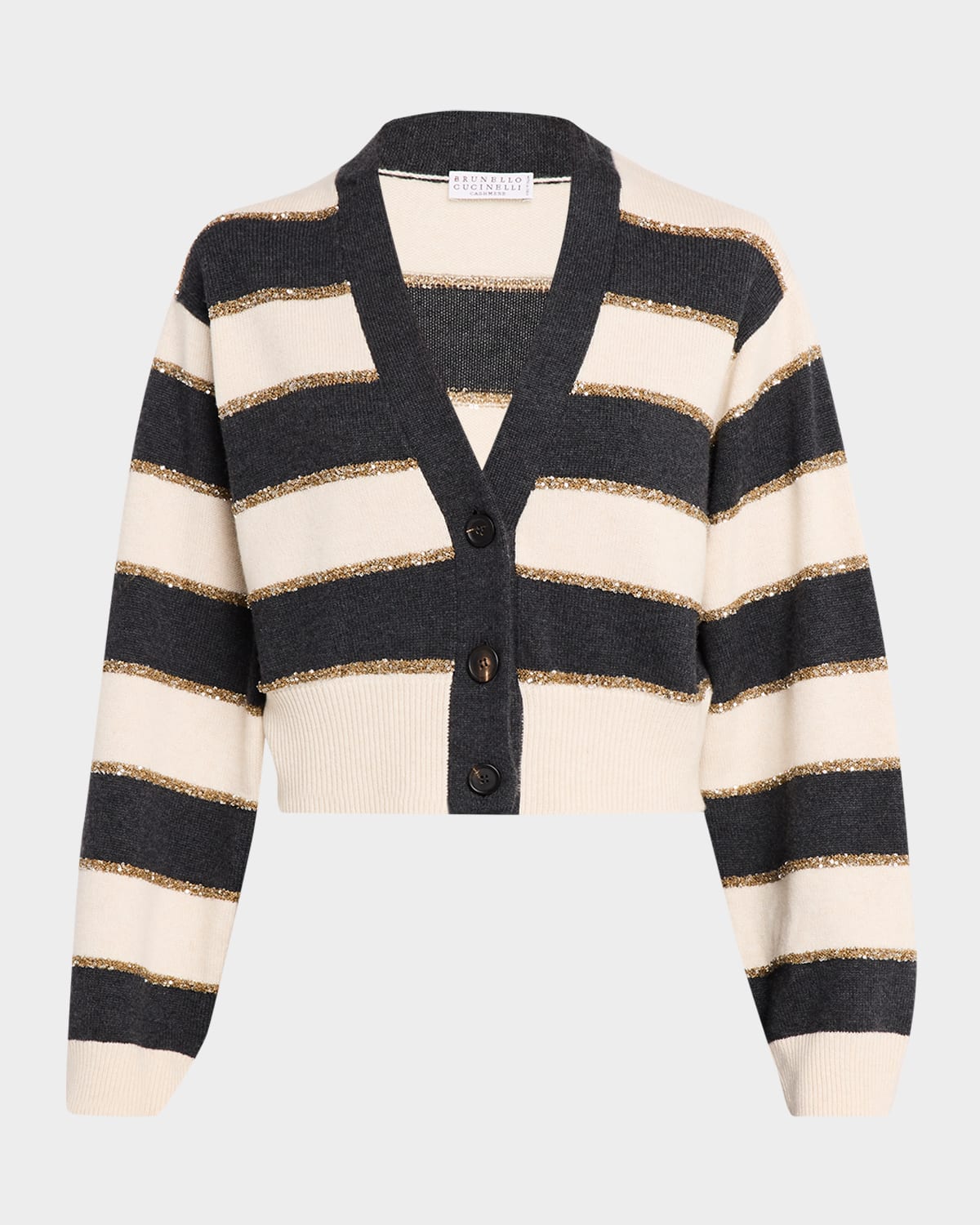 Brunello Cucinelli Luminous Striped Cashmere Crop V-Neck Cardigan