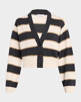 Brunello Cucinelli Luminous Striped Cashmere Crop V-Neck Cardigan