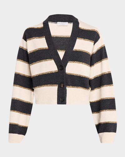 Brunello Cucinelli Luminous Striped Cashmere Crop V-Neck Cardigan