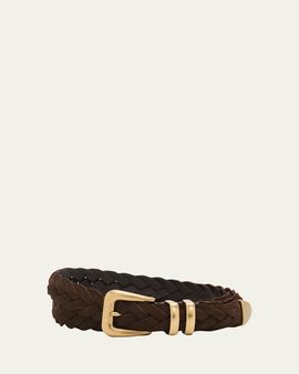 Brunello Cucinelli Men's Braided Suede Gold-Tone Trim Belt