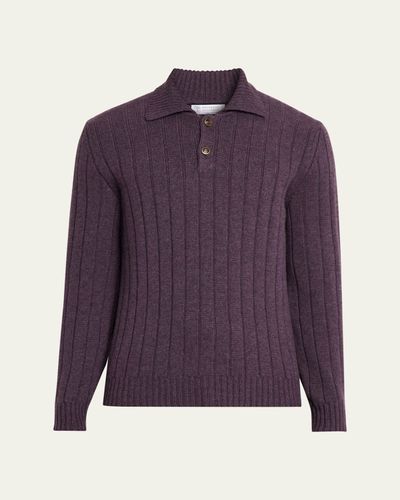 Brunello Cucinelli Men's Cashmere Rib-Knit Polo Sweater
