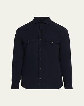 Brunello Cucinelli Men's Cotton Pique Snap-Front Western Shirt