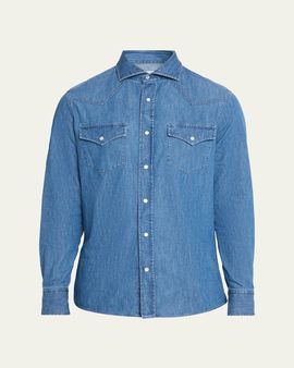 Brunello Cucinelli Men's Denim Flap-Pocket Western Sport Shirt