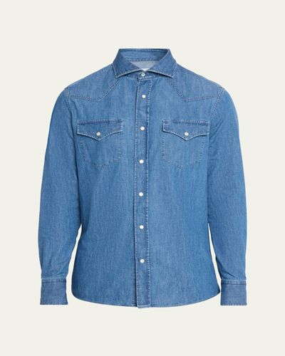 Brunello Cucinelli Men's Denim Flap-Pocket Western Sport Shirt