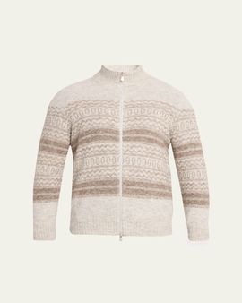 Brunello Cucinelli Men's Geometric Stripe Full-Zip Cardigan