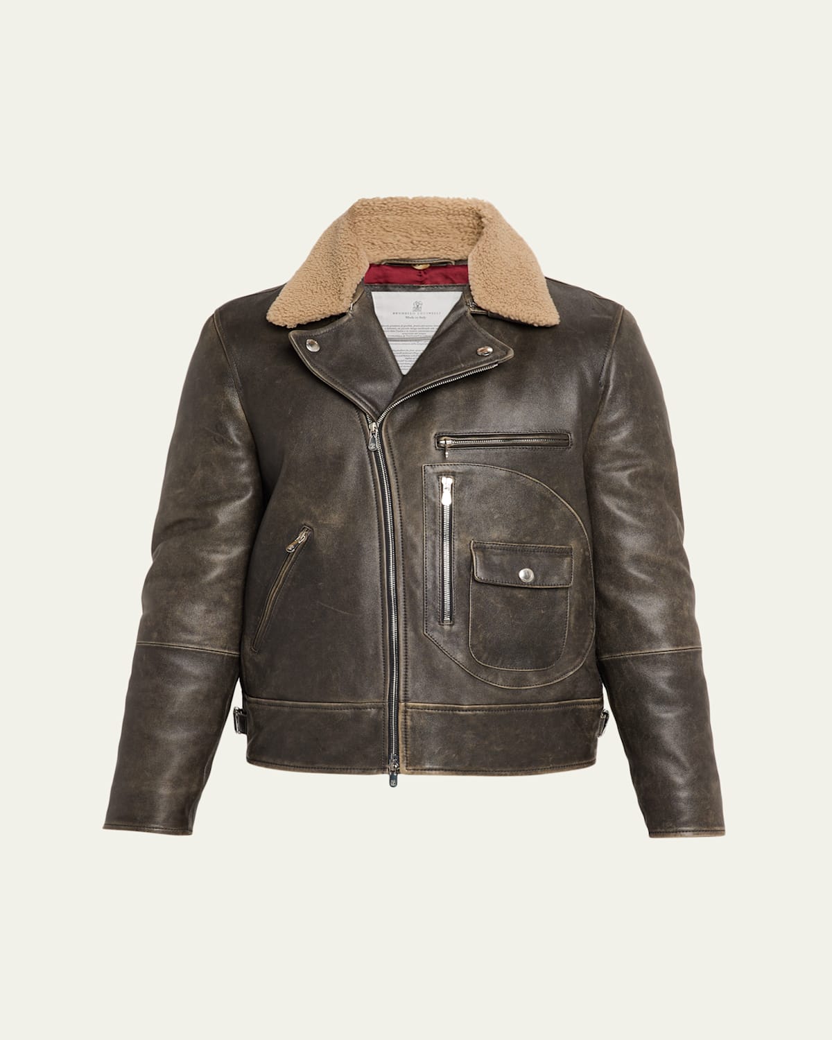 Brunello Cucinelli Men's Leather Moto Jacket with Detachable Shearling Collar