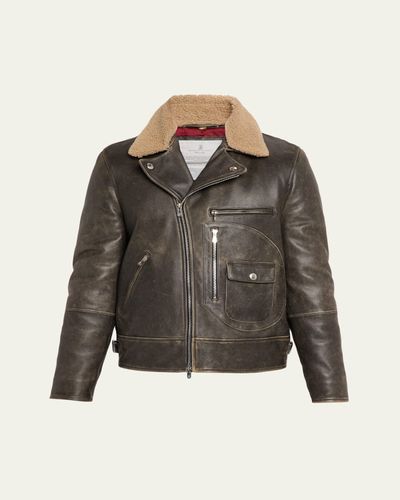 Brunello Cucinelli Men's Leather Moto Jacket with Detachable Shearling Collar