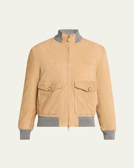 Brunello Cucinelli Men's Suede Knit-Trim Bomber Jacket