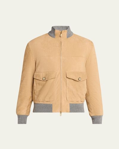 Brunello Cucinelli Men's Suede Knit-Trim Bomber Jacket